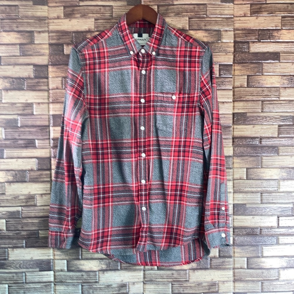 Mens EUC TOPMAN Red Flannel Button Down Shirt Medium